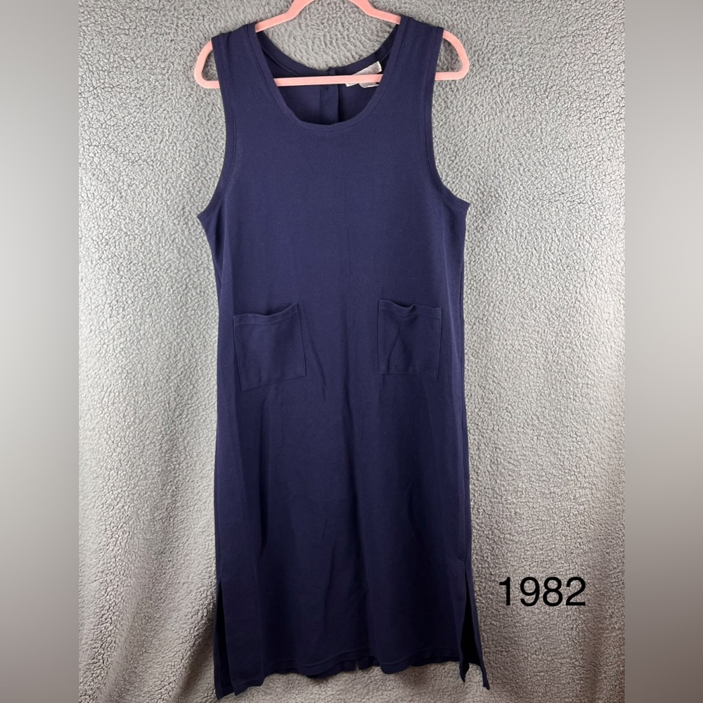 Claudia D Sleeveless Women’s Knit Navy Midi Shift Dress with Front Pockets L